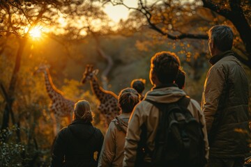 A group of tourists, clad in outdoor gear, watch giraffes in their natural habitat during a golden sunset.