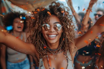 A joyful woman at a music festival, dancing with hands raised, surrounded by a crowd in a festive atmosphere.