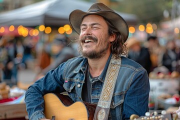 A street musician in a cowboy hat playing guitar, smiling joyfully while performing at an outdoor market.