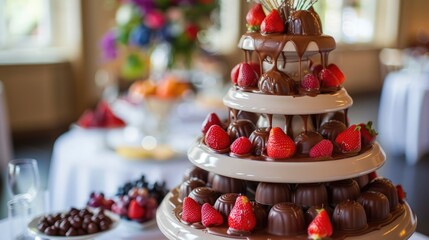 A three-tiered chocolate fountain with strawberries and other fruit.