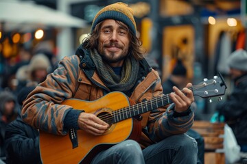 A guitarist warmly dressed, playing music in a street setting with festive lights, engaging the audience.