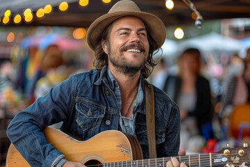 A street musician in a cowboy hat playing guitar, smiling joyfully while performing at an outdoor market.