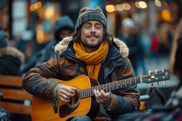 A guitarist warmly dressed, playing music in a street setting with festive lights, engaging the audience.