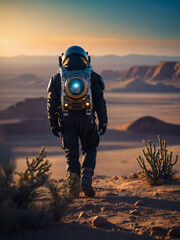 Frontier Explorer, Researcher Amidst Inspiring Futuristic Alien Landscape, Desert City Silhouette, Interplanetary Vision