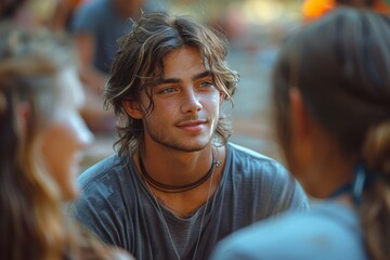 A young man with long hair sitting outdoors, attentively listening in a group setting, with a warm, engaging expression.