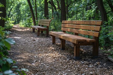 A peaceful scene of wooden benches lined up along a gravel path in a lush green forest, inviting relaxation.
