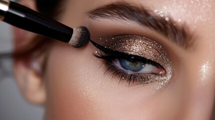 A close-up of a woman's eye with a glitter eyeshadow being applied.