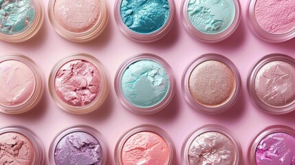An array of shimmering eyeshadows in various shades of blue, pink, and purple. - obrazy, fototapety, plakaty