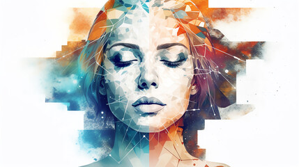 The image is a watercolor painting of a woman's face