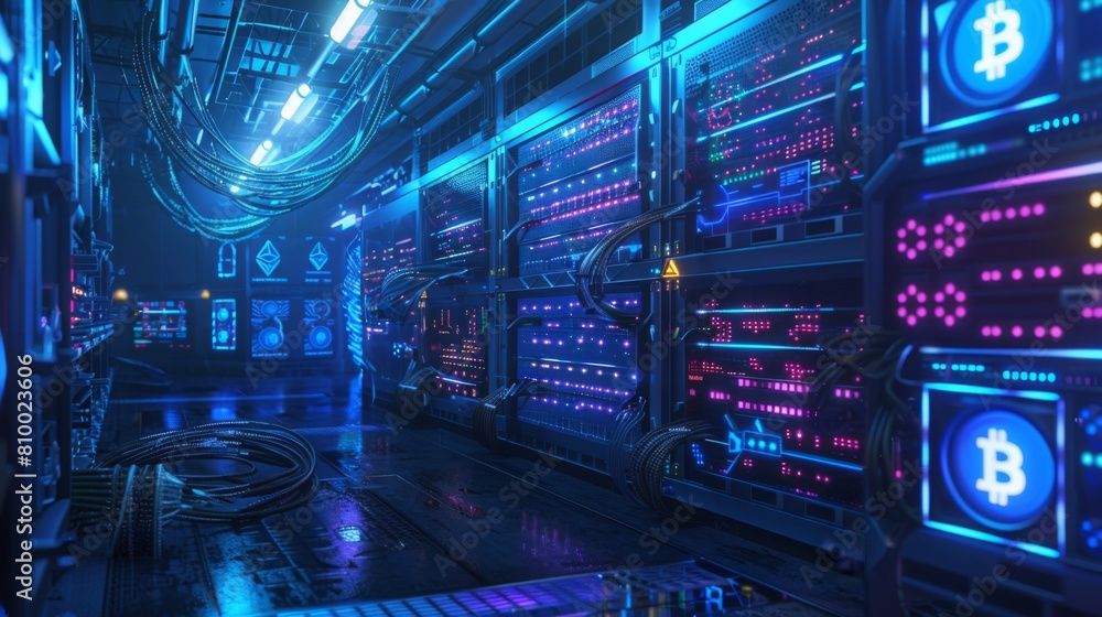 Poster Rows of illuminated servers dedicated to Bitcoin mining operations in a dark data center corridor, showcasing blockchain technology.
