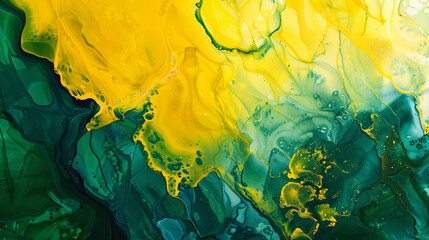 Abstract in vibrant yellow and deep green, alcohol ink blended with oil paint textures.