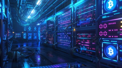 Rows of illuminated servers dedicated to Bitcoin mining operations in a dark data center corridor, showcasing blockchain technology.