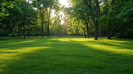 beautiful park with a meadow and wooded area at sunrise in high resolution