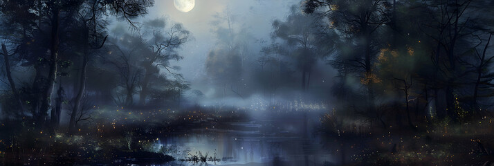 A moonlit creek in a misty forest, the moon's reflection creating a mysterious and ethereal atmosphere in the night