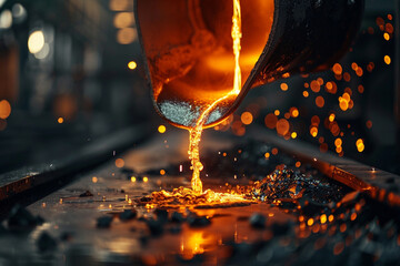 The fluid motion of pouring metal captured in a still image, highlighting the perpetual motion of manufacturing 