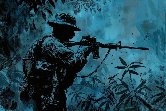 A man holding a gun in a dense jungle. Suitable for military or survival themes