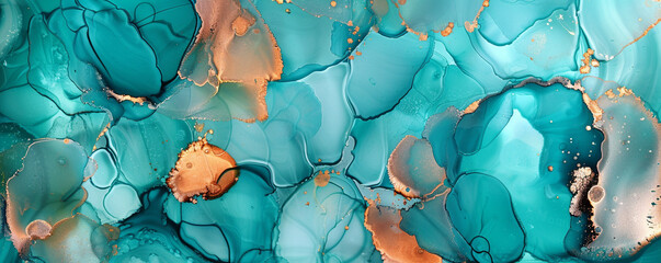 Abstract painting in teal and copper, alcohol ink with textured oil paint.
