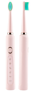 Pink electric toothbrush. Dental care. Appliance for clean teeth. Oral daily tooth care for girls. Hygiene for white teeth. Front and side view of two tooth brush's. Isolated white background. 