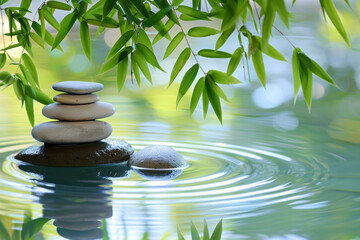 Ripples water with a few rocks pebble and green bamboo, spa concept serene background