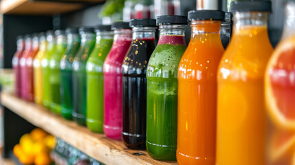 A row of colorful juice bottles on a shelf, healthy food