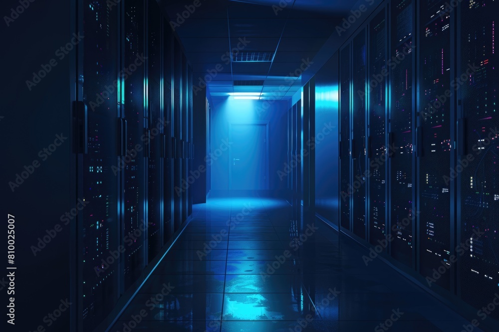 Poster a long hallway filled with rows of servers. ideal for technology concepts