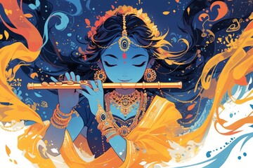 A cute adorable illustration of lord krishna playing flute, blue skin tone with orange and golden