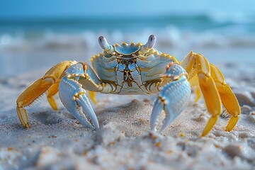 Close up of a blue crab on the beach with sea in the background