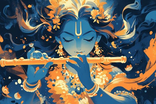 A cute adorable illustration of lord krishna playing flute, blue skin tone with orange and golden , swirling background, dark skyblue color theme, plain navy backdrop 