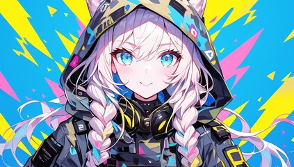 A cute anime girl with white hair and blue eyes, wearing an oversized hoodie with colorful patterns on it. She has long pink braids that fall to her shoulders and is adorned in black armor. 
