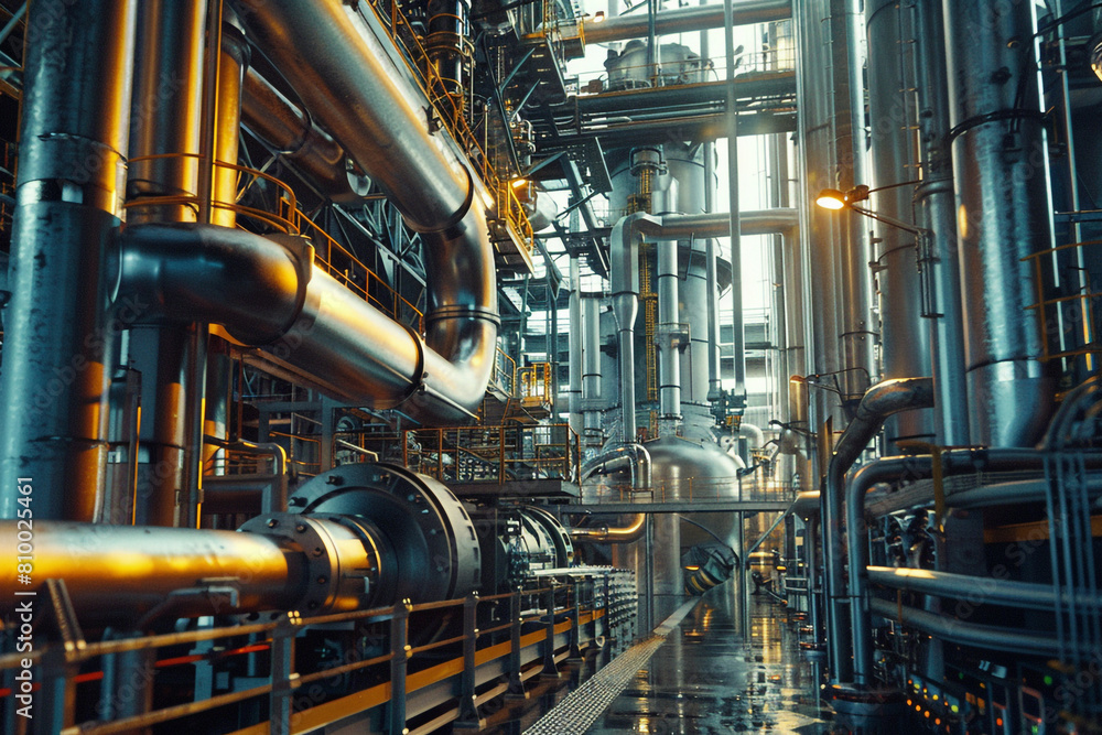 Poster the intense environment of a chemical processing unit, with reactors and piping system dominating th