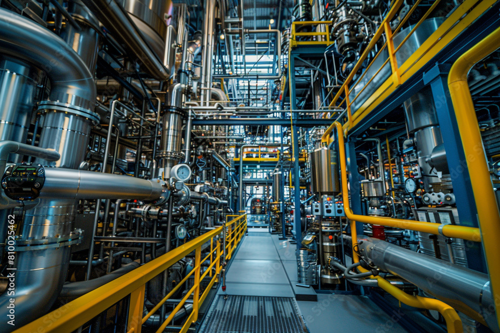 Poster the intense environment of a chemical processing unit, with reactors and piping system dominating th