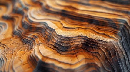 Extreme close-up of wood grain, showing layers and natural curves like ancient landscapes.