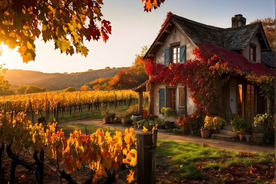 aerial view of a rustic vineyard cottage nestled in a canopy of vines leaves showcasing autumns color palette