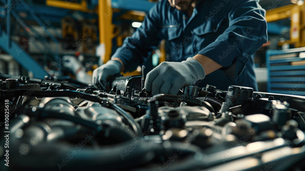 Poster mechanic or technician checking and working on a car engine