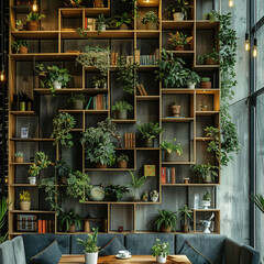 A close up of contemporary boho rustic bookshelf  with plants, that serves as a modern decorative partition-element.