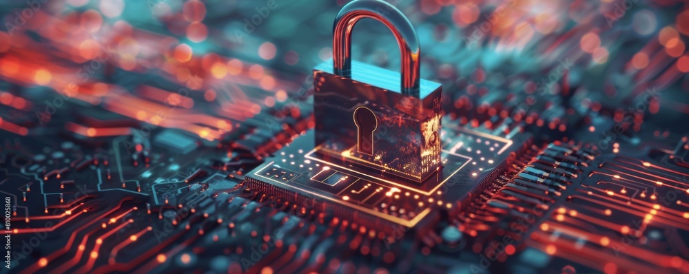 Poster cybersecurity concept with padlock on circuit board