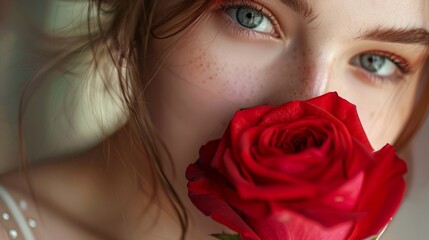 Naklejka premium beautiful woman with rose in her hand generative ai