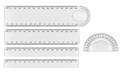 set plastic stationery ruler in centimeters and millimeters with protractor, isolated from background	