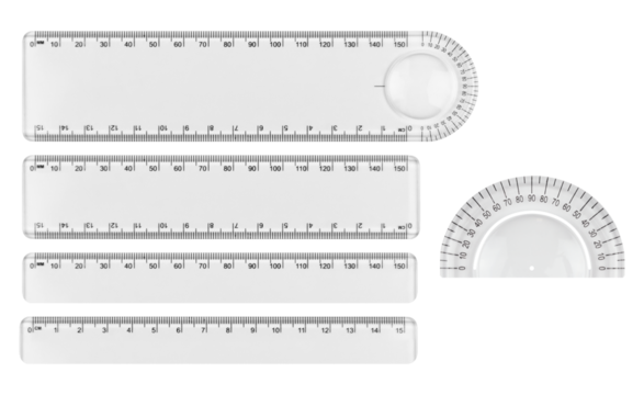 set plastic stationery ruler in centimeters and millimeters with protractor, isolated from background	