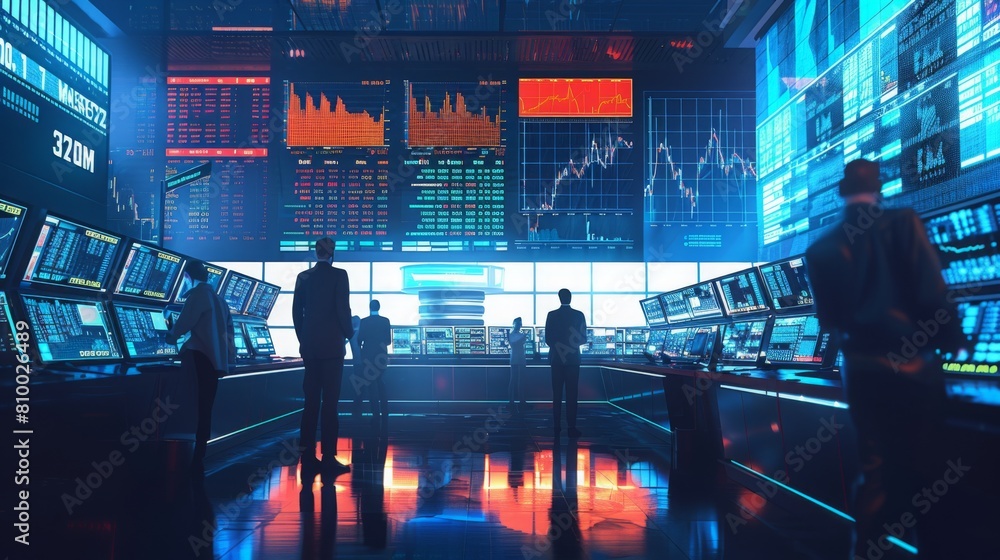 Poster financial experts analyze stock data on multiple screens in a modern trading floor environment.