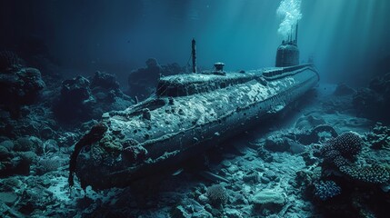 Mysterious old submarine wreck lying on ocean floor surrounded by marine flora and fauna