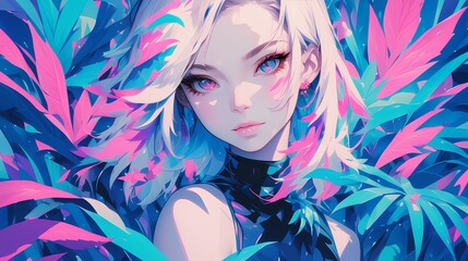 A cute girl with white hair and pink eyes, in the background there is an anime style illustration of neon tropical plants.