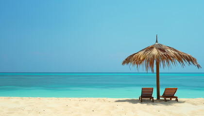 Two empty seats under a palm leaf umbrella set on a sandy beach contrast with the beautiful blue sea in the background, encouraging you to stop and immerse yourself in the pleasure of the moment.