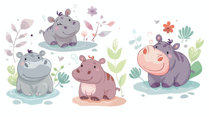 Little cute cartoon animals hippo set Vector style vector