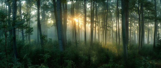 A panoramic view of a dense forest with layers of fog settling between the trees at sunrise, captured in ultra HD to showcase the depth and mystery of the woodland