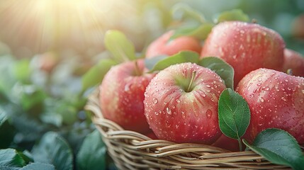   Basket holding red apples atop lush forest with dewy leaves