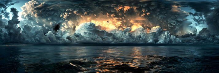 A panoramic view of a thunderstorm over the ocean, capturing the dramatic contrast between dark storm clouds and the ocean's surface