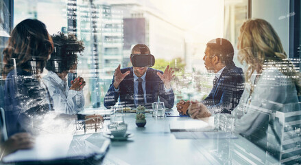 Business, people and double exposure in meeting with vr, communication and proposal of future...