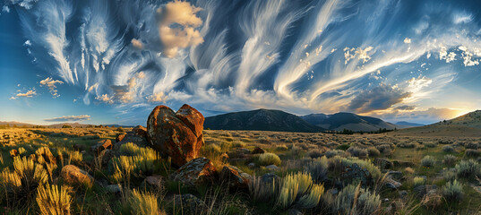 A panoramic view of a rolling upland landscape with scattered boulders, under a dramatic sky of moving clouds