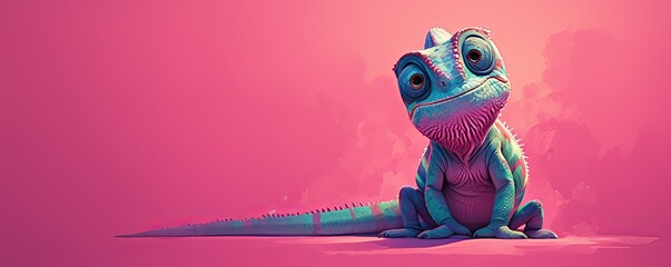 A colorful chameleon with pink, blue and green colors on its skin is sitting in profile against the background of an isolated magenta color background.